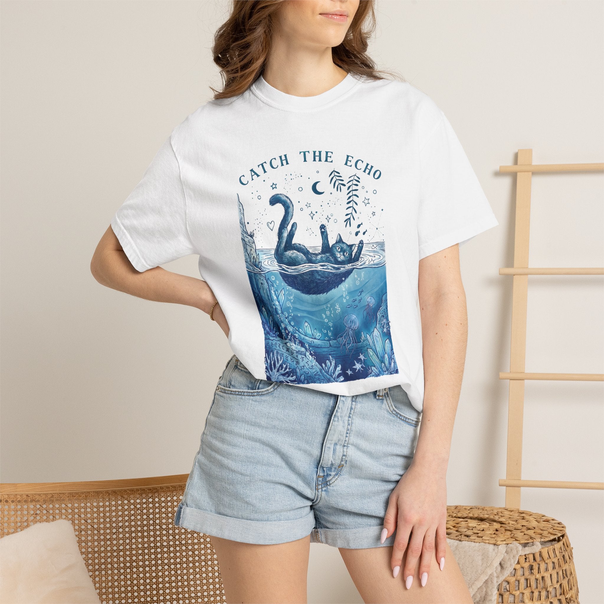 Cat in Ocean Fantasy T-Shirt - Vintage Blue Animal Shirt for Cat Lovers