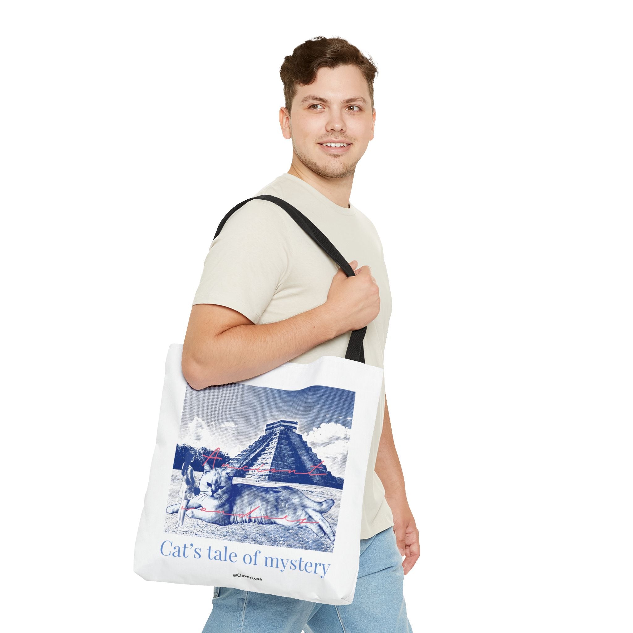 Cat’s Tale of Mystery Travel Tote Bag | Vintage Mexico Pyramid Cat Canvas Tote Bag