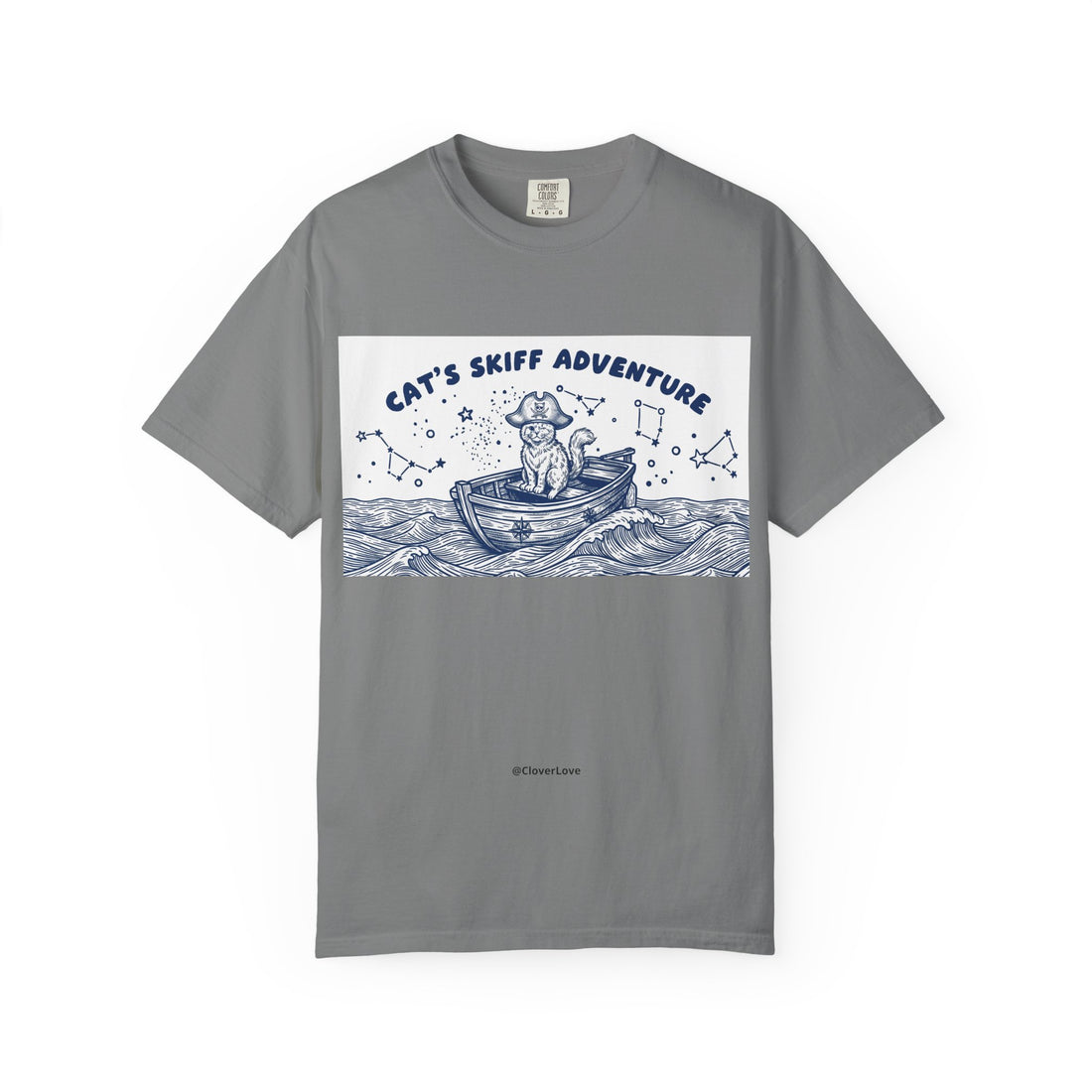 Cat’s Skiff Adventure T-Shirt - Vintage Ocean Boat Graphic Tee for Cat Lovers