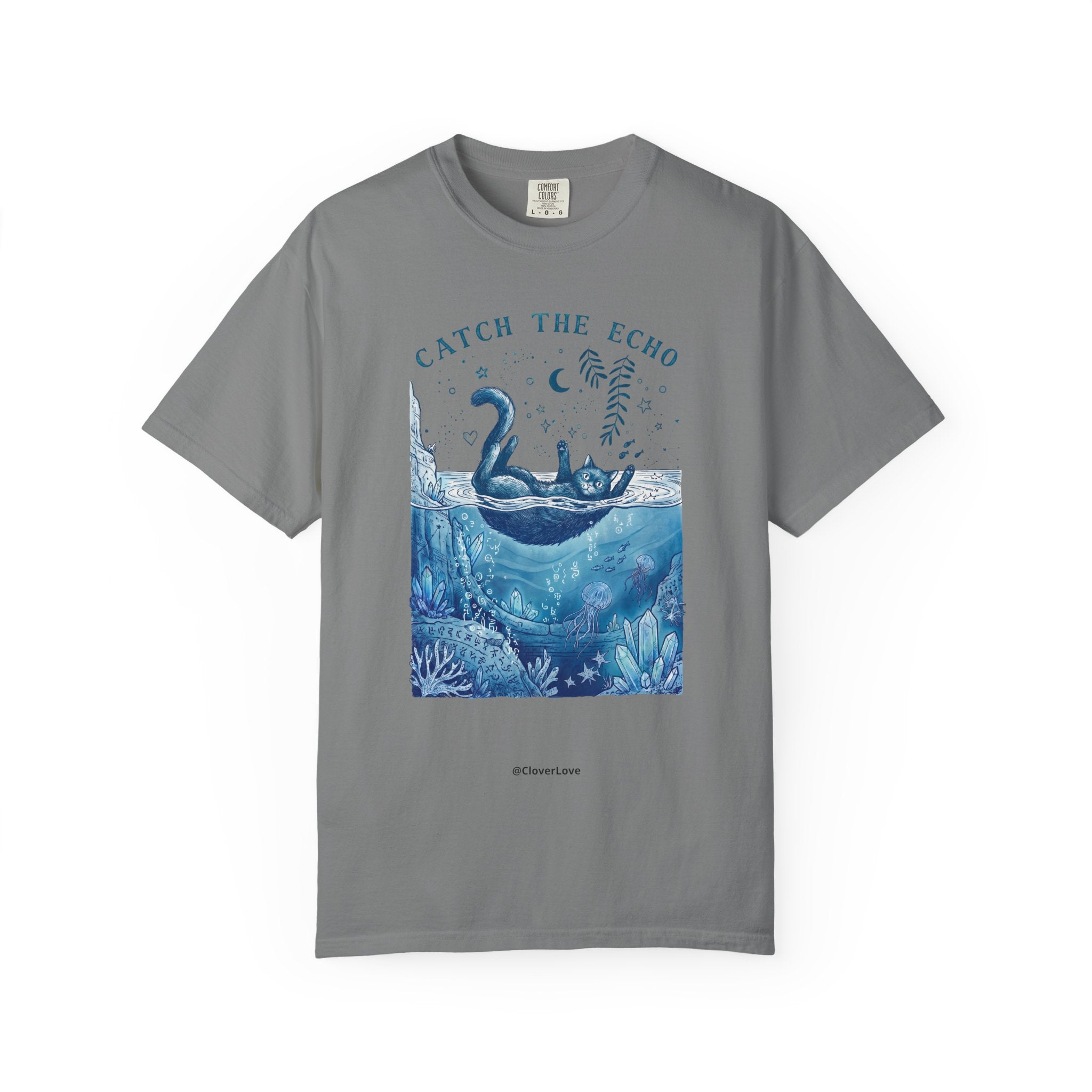 Cat in Ocean Fantasy T-Shirt - Vintage Blue Animal Shirt for Cat Lovers