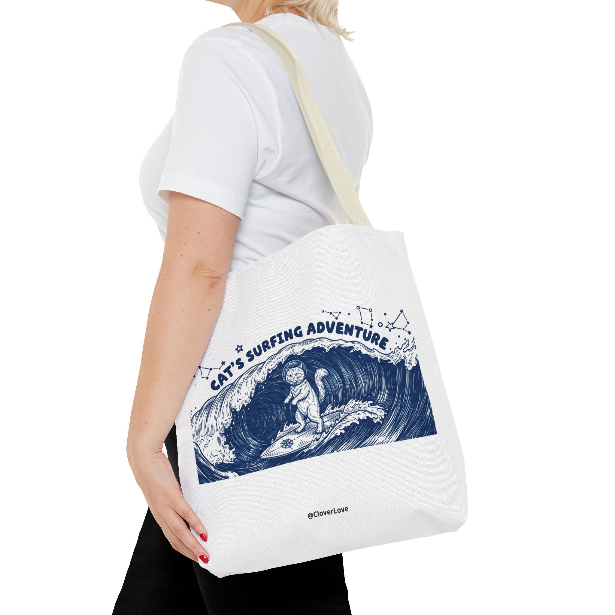 Cat's Surfing Adventure Tote Bag | Vintage Ocean Graphic Canvas Bag