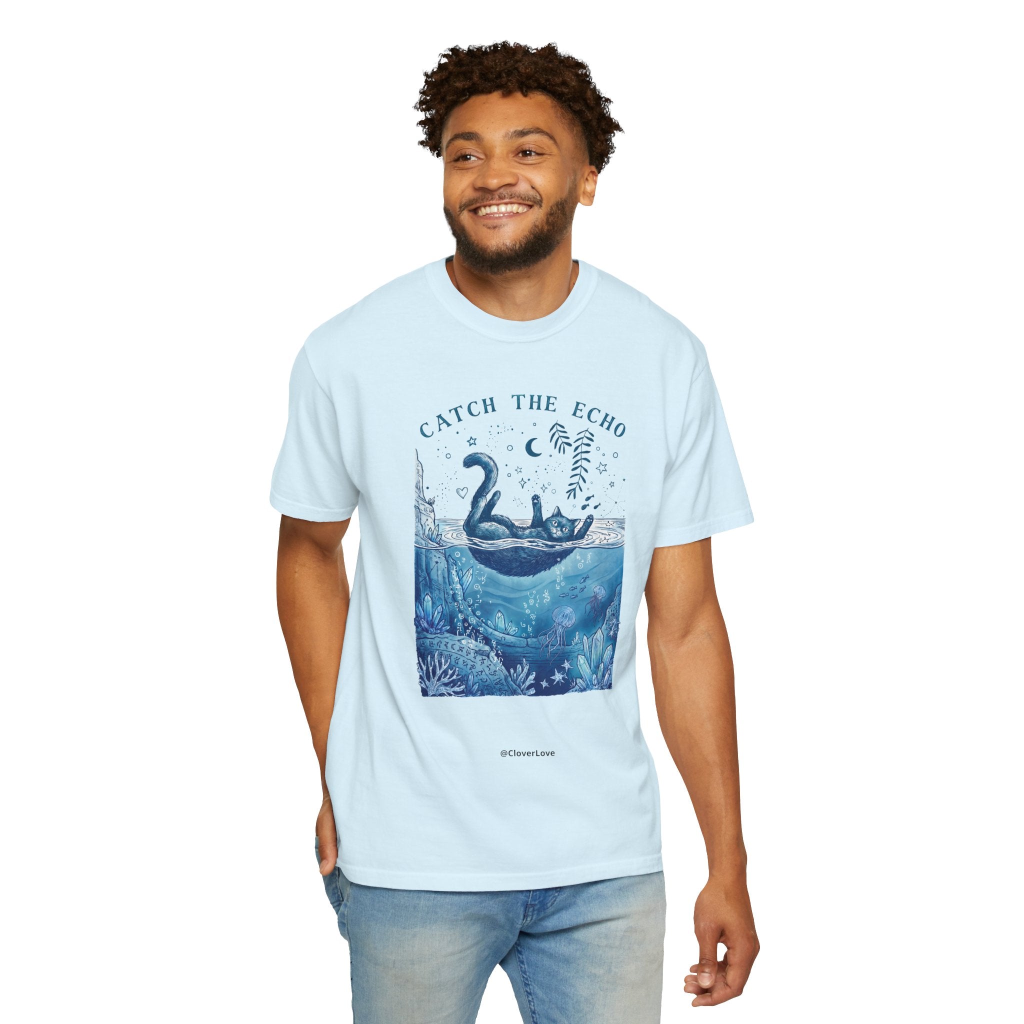 Cat in Ocean Fantasy T-Shirt - Vintage Blue Animal Shirt for Cat Lovers