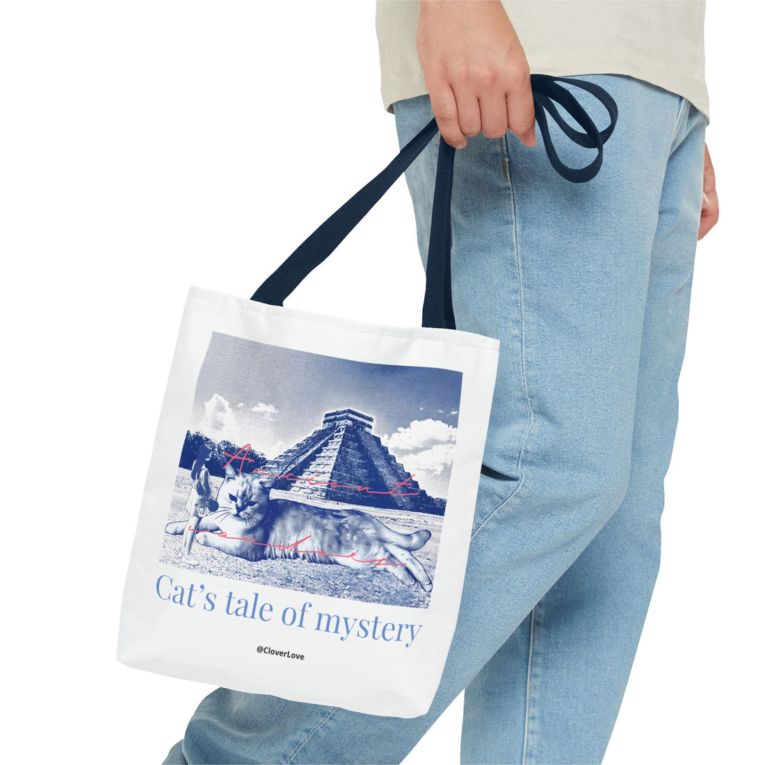 Cat’s Tale of Mystery Travel Tote Bag | Vintage Mexico Pyramid Cat Canvas Tote Bag