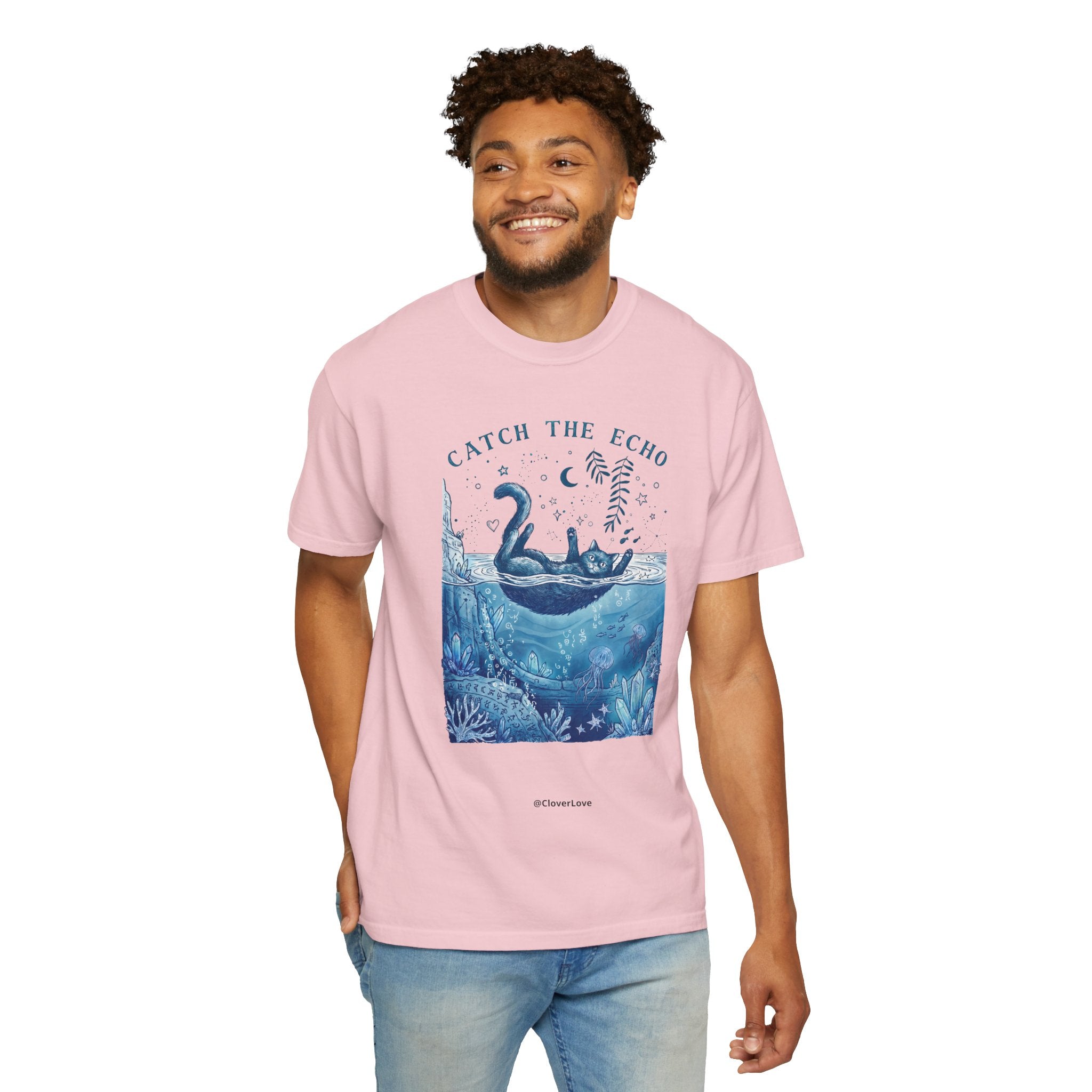 Cat in Ocean Fantasy T-Shirt - Vintage Blue Animal Shirt for Cat Lovers