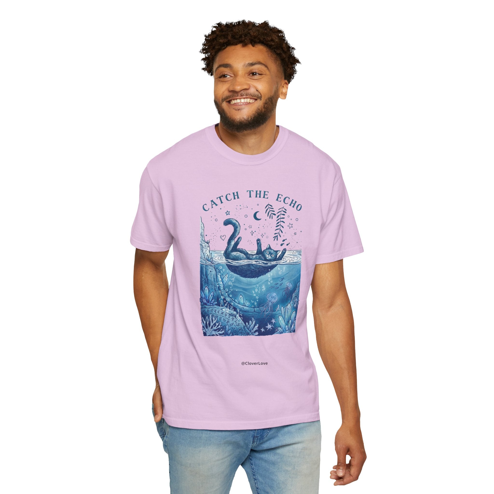 Cat in Ocean Fantasy T-Shirt - Vintage Blue Animal Shirt for Cat Lovers