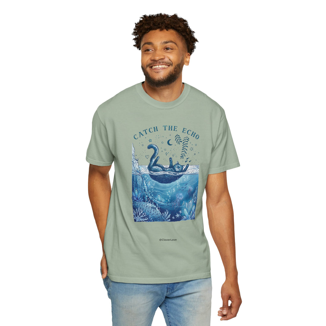 Cat in Ocean Fantasy T-Shirt - Vintage Blue Animal Shirt for Cat Lovers