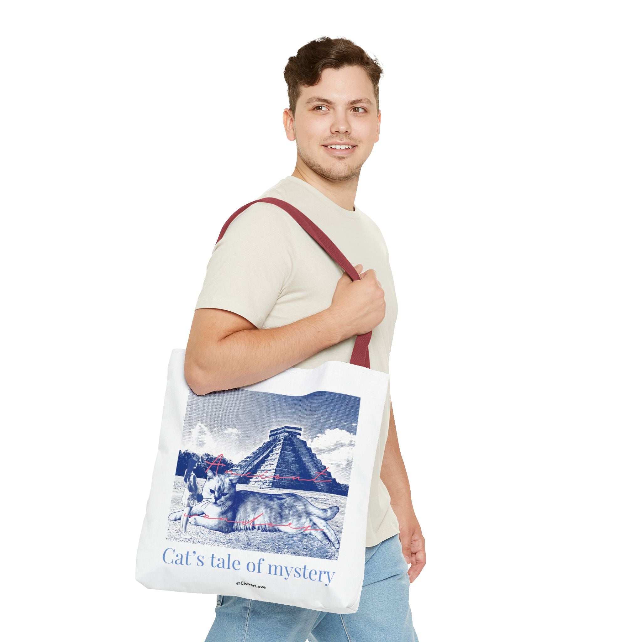 Cat’s Tale of Mystery Travel Tote Bag | Vintage Mexico Pyramid Cat Canvas Tote Bag