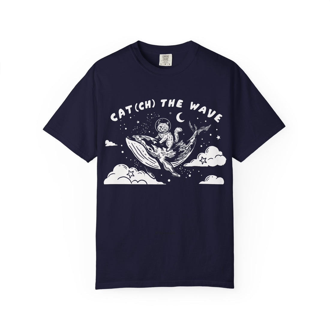 Cat Riding Whale T-Shirt - Fantasy Ocean Adventure Graphic Tee for Cat Lovers