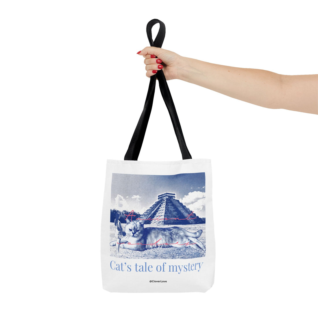 Cat’s Tale of Mystery Travel Tote Bag | Vintage Mexico Pyramid Cat Canvas Tote Bag