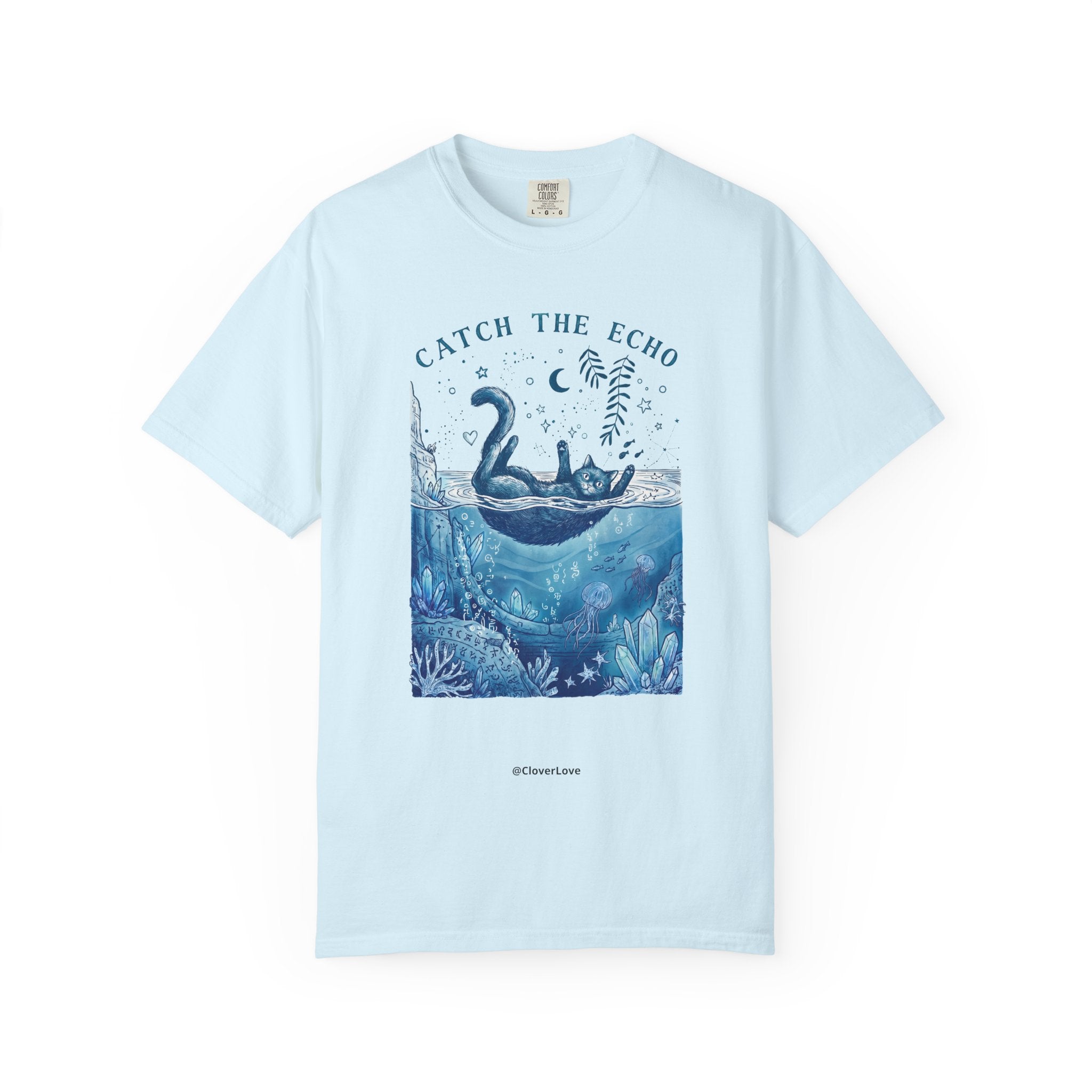 Cat in Ocean Fantasy T-Shirt - Vintage Blue Animal Shirt for Cat Lovers