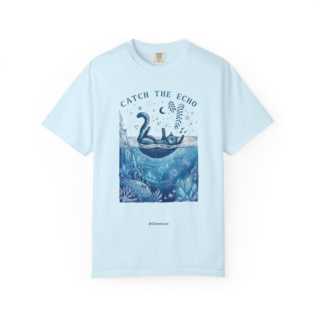Cat in Ocean Fantasy T-Shirt - Vintage Blue Animal Shirt for Cat Lovers