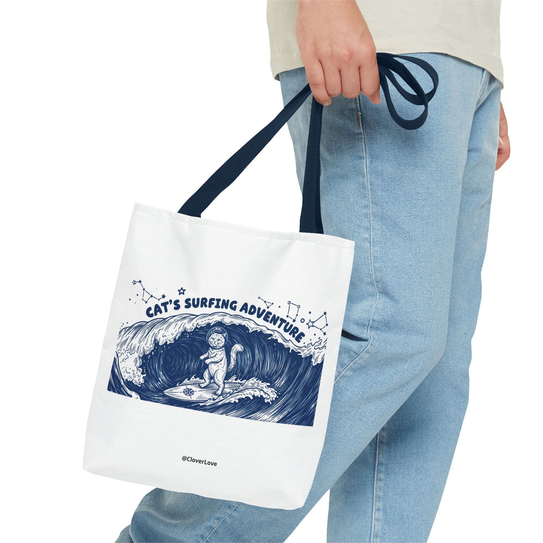 Cat's Surfing Adventure Tote Bag | Vintage Ocean Graphic Canvas Bag