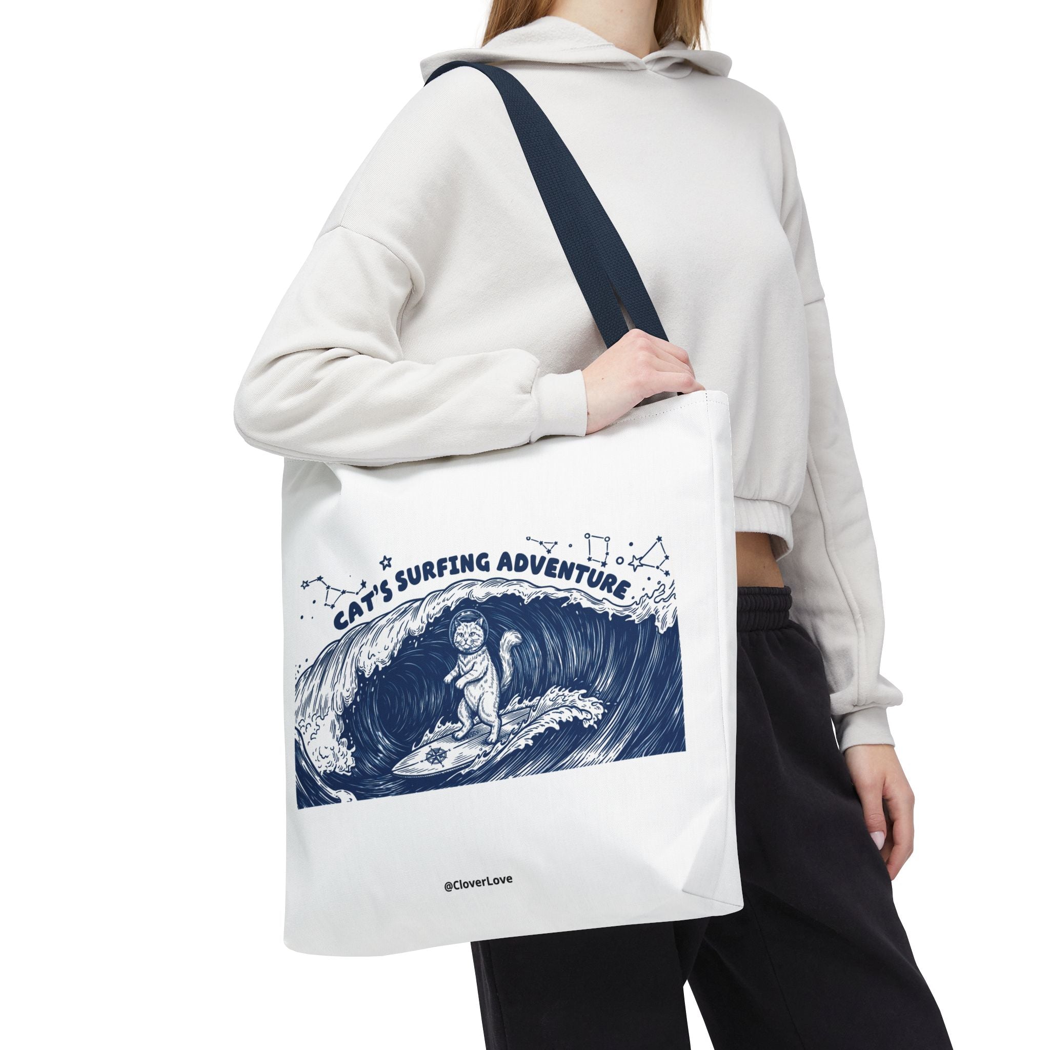 Cat's Surfing Adventure Tote Bag | Vintage Ocean Graphic Canvas Bag
