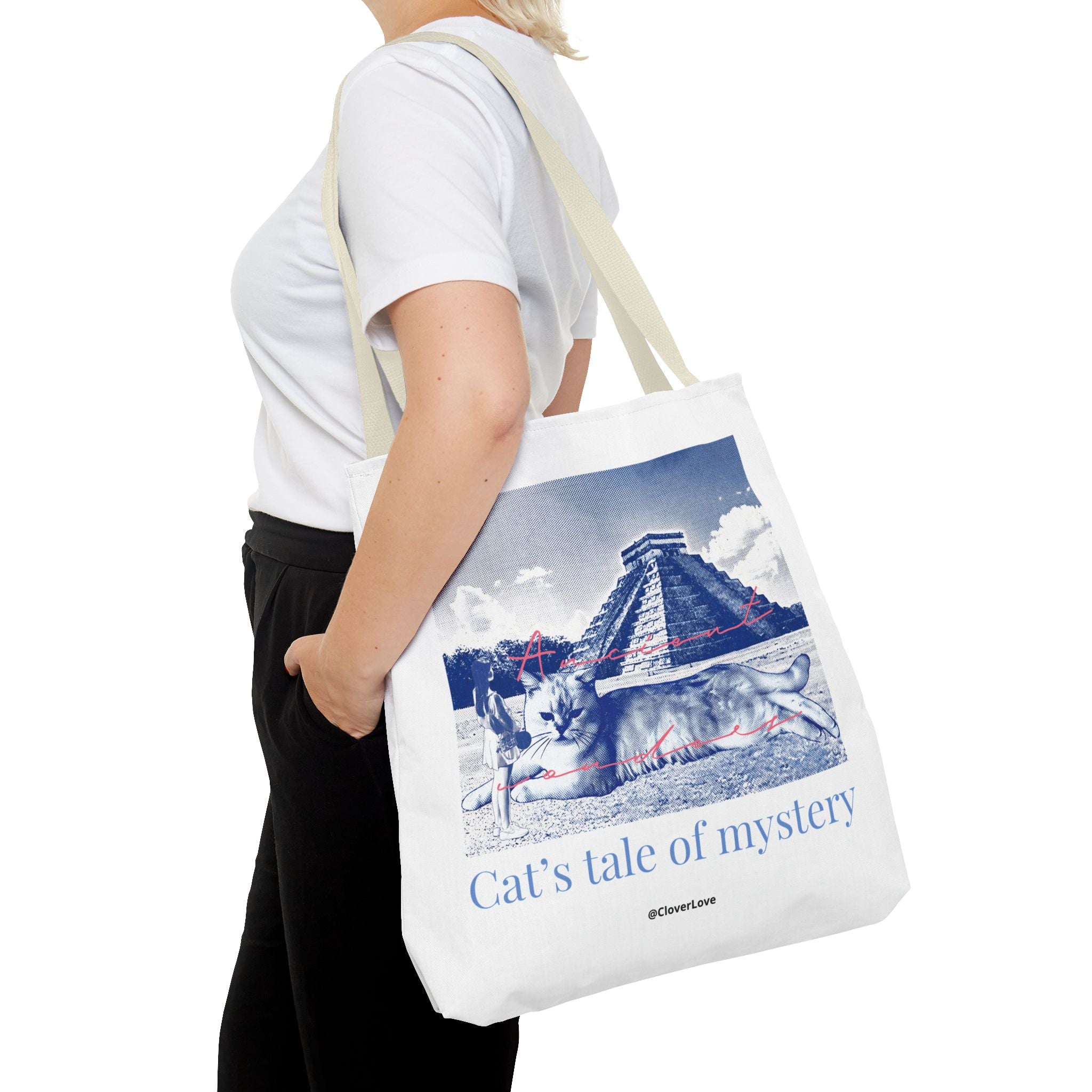 Cat’s Tale of Mystery Travel Tote Bag | Vintage Mexico Pyramid Cat Canvas Tote Bag