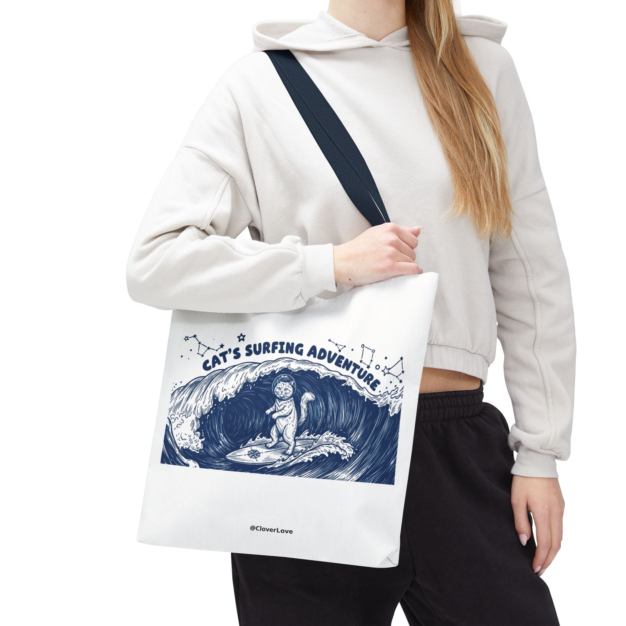 Cat's Surfing Adventure Tote Bag | Vintage Ocean Graphic Canvas Bag