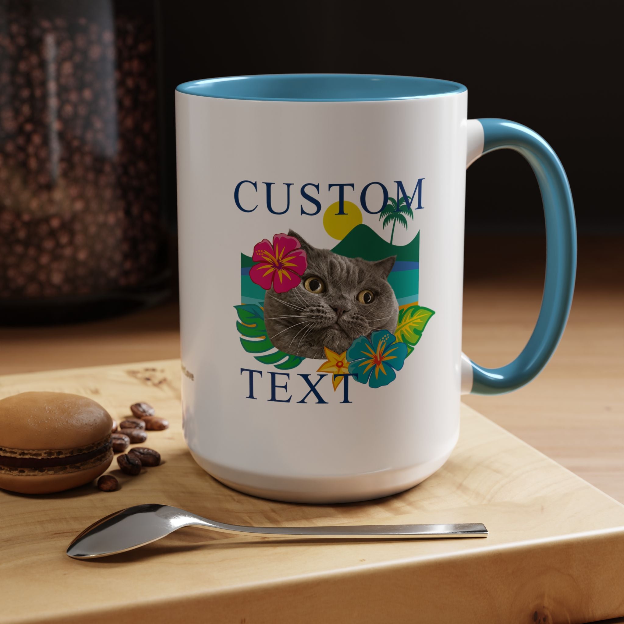 Tropical Summer Cat Mug | Personalized Pet Photo Coffee Cup With Custom Text