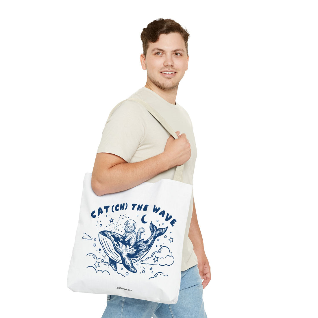 Cat Whale Adventure Tote Bag | Vintage Ocean Graphic Canvas Bag
