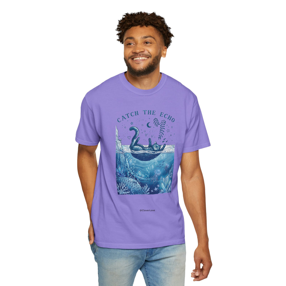 Cat in Ocean Fantasy T-Shirt - Vintage Blue Animal Shirt for Cat Lovers
