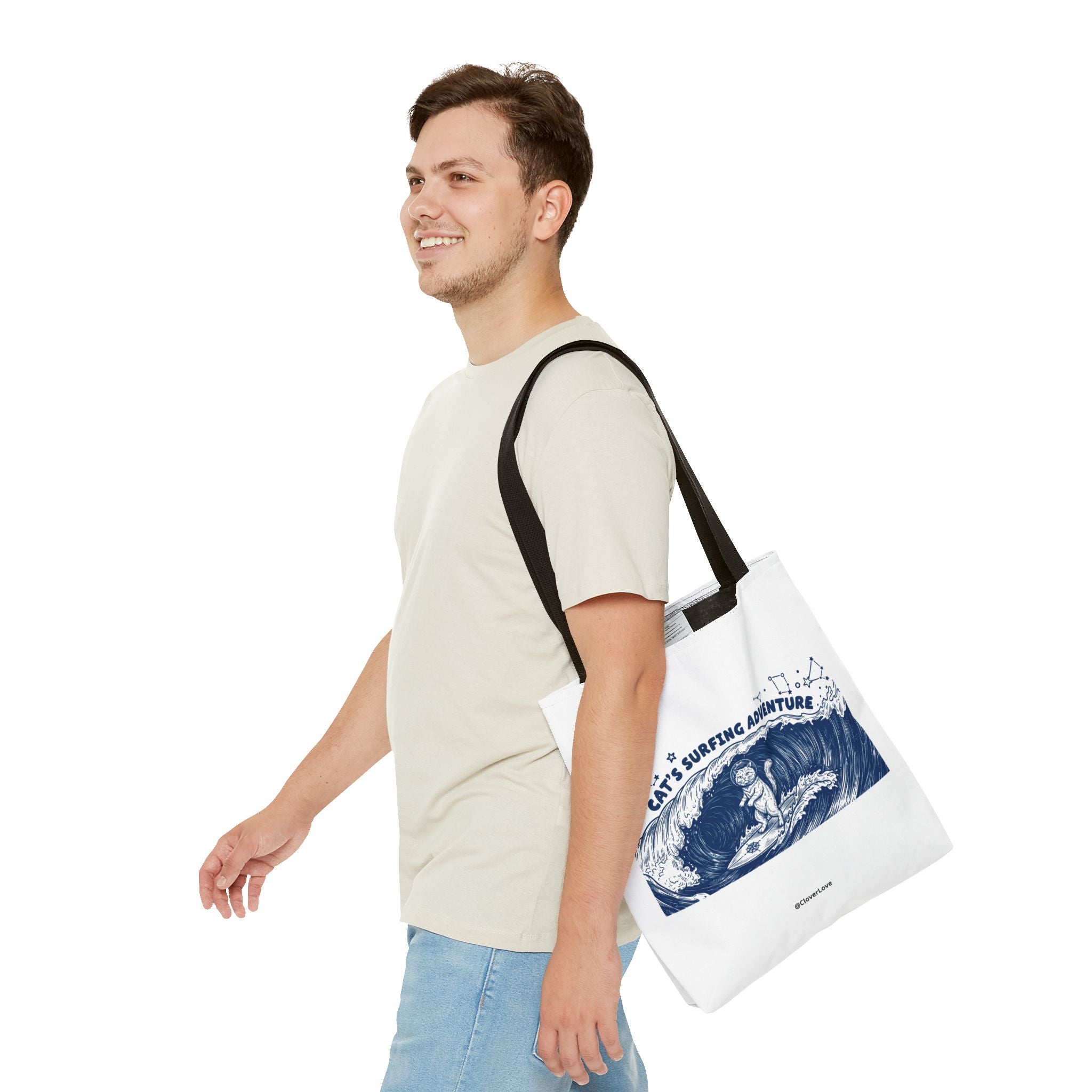 Cat's Surfing Adventure Tote Bag | Vintage Ocean Graphic Canvas Bag