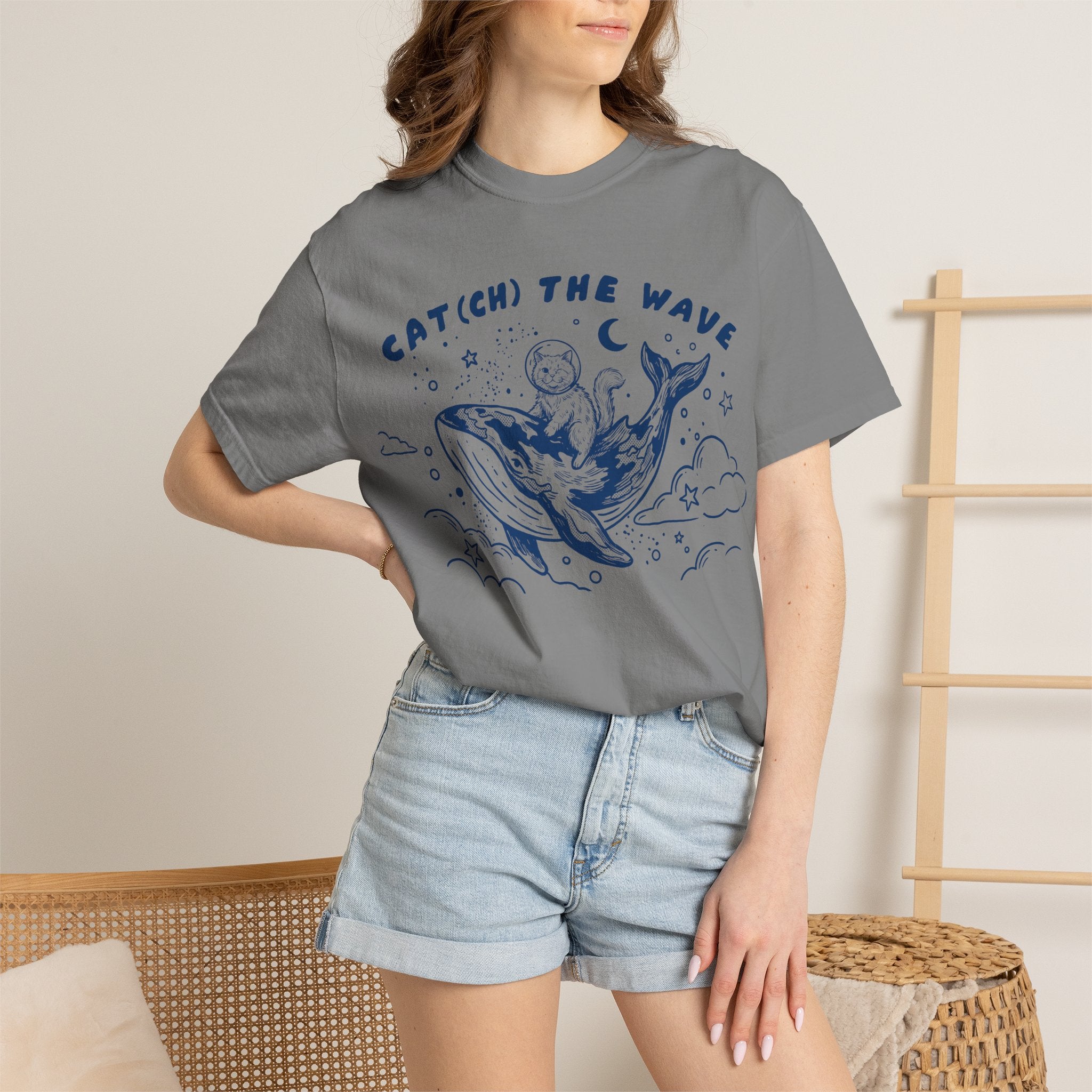 Cat Riding Whale T-Shirt - Cute Ocean Cat Graphic Tee, Fantasy Wave Shirt for Cat Lovers