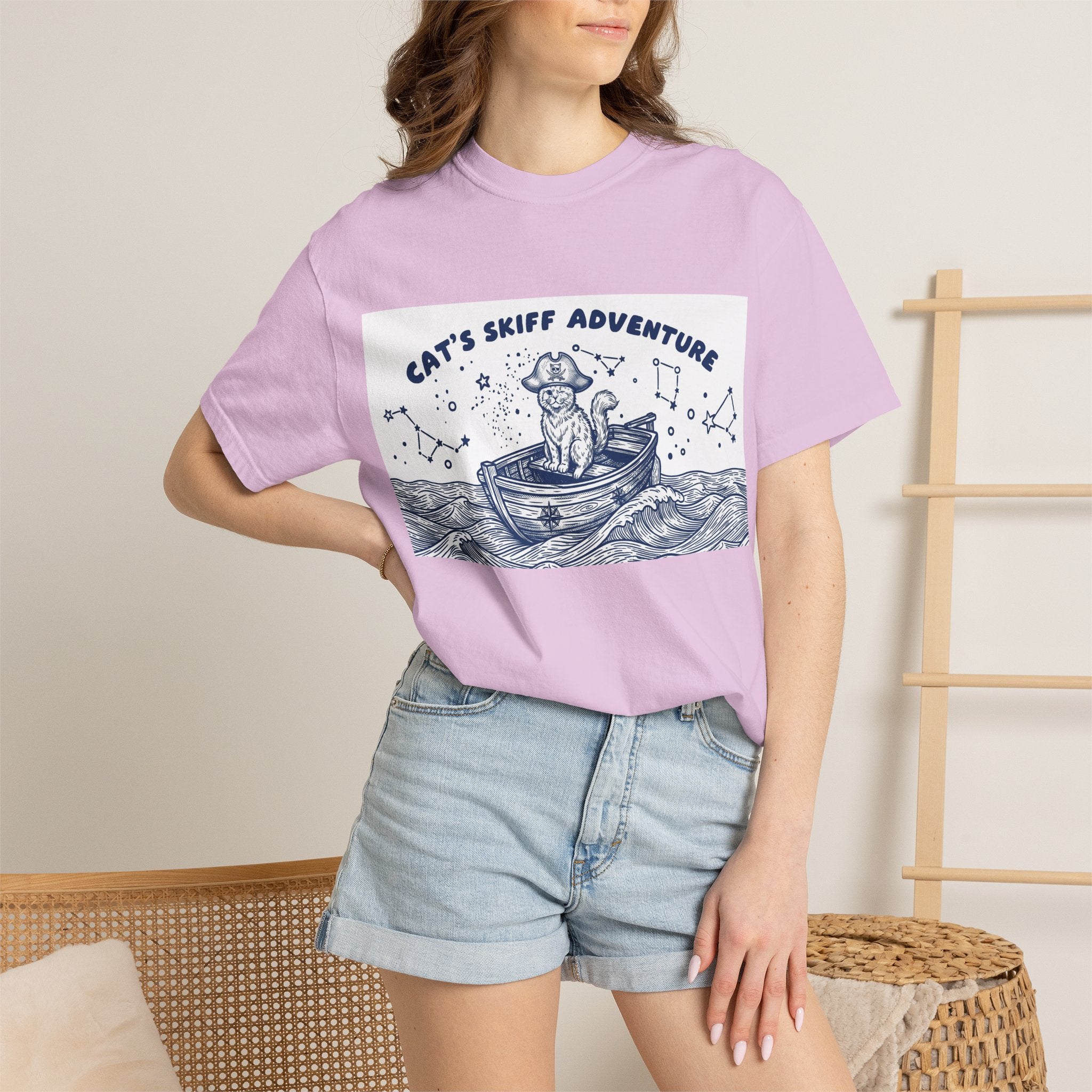 Cat’s Skiff Adventure T-Shirt - Vintage Ocean Boat Graphic Tee for Cat Lovers