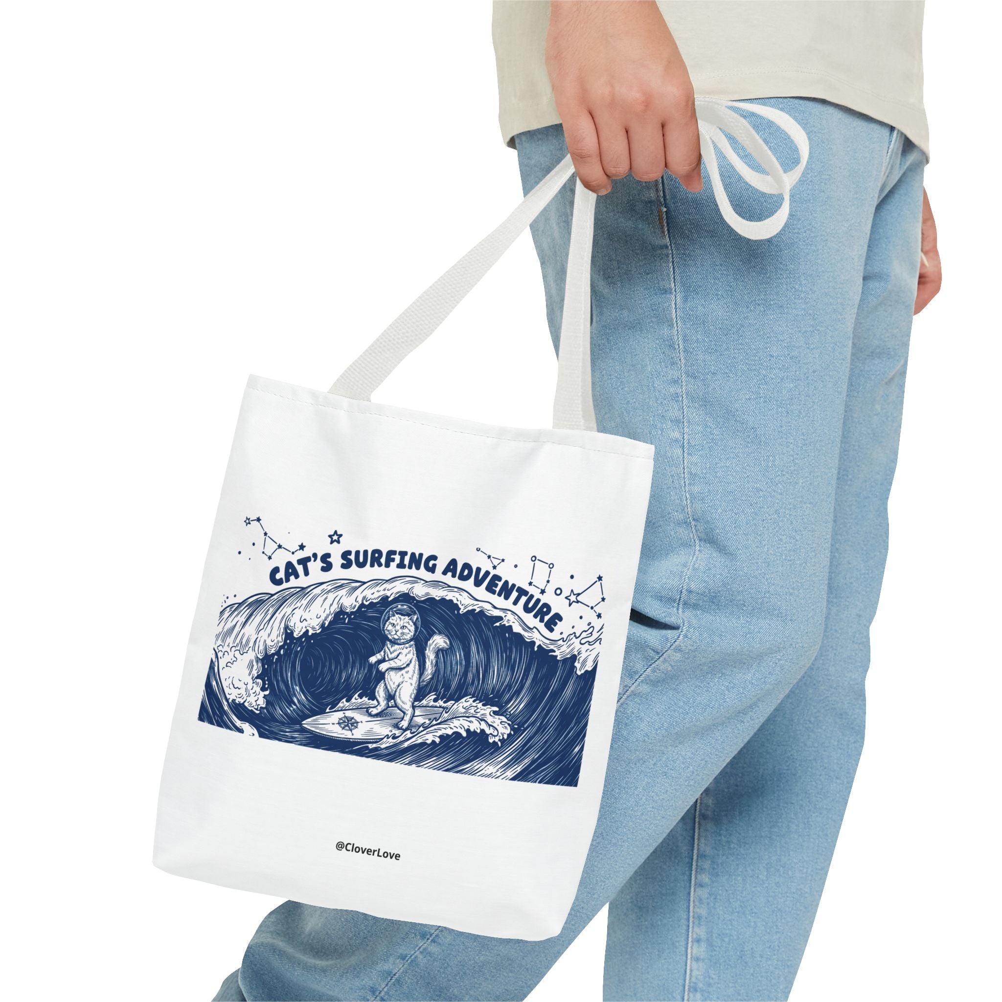 Cat's Surfing Adventure Tote Bag | Vintage Ocean Graphic Canvas Bag