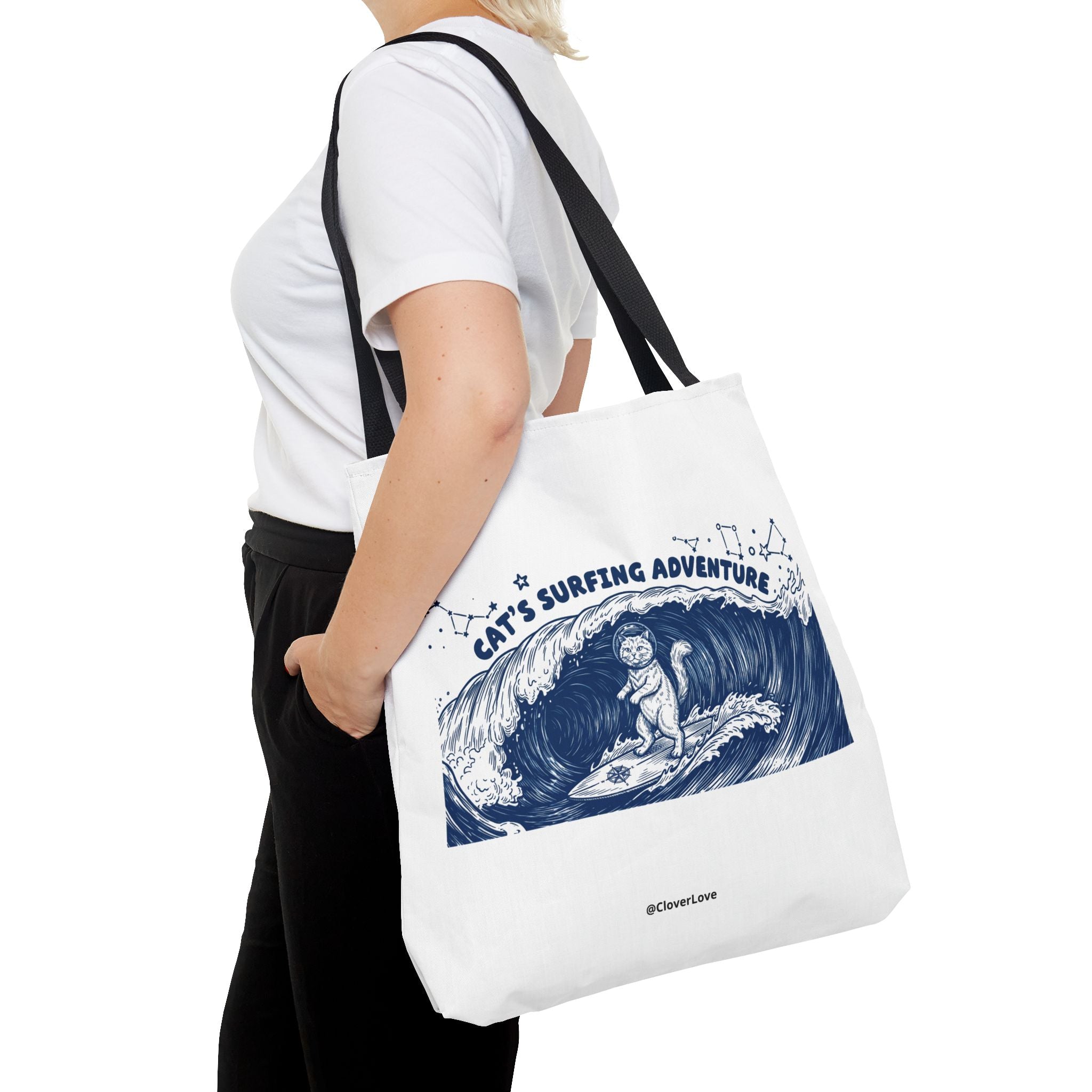 Cat's Surfing Adventure Tote Bag | Vintage Ocean Graphic Canvas Bag