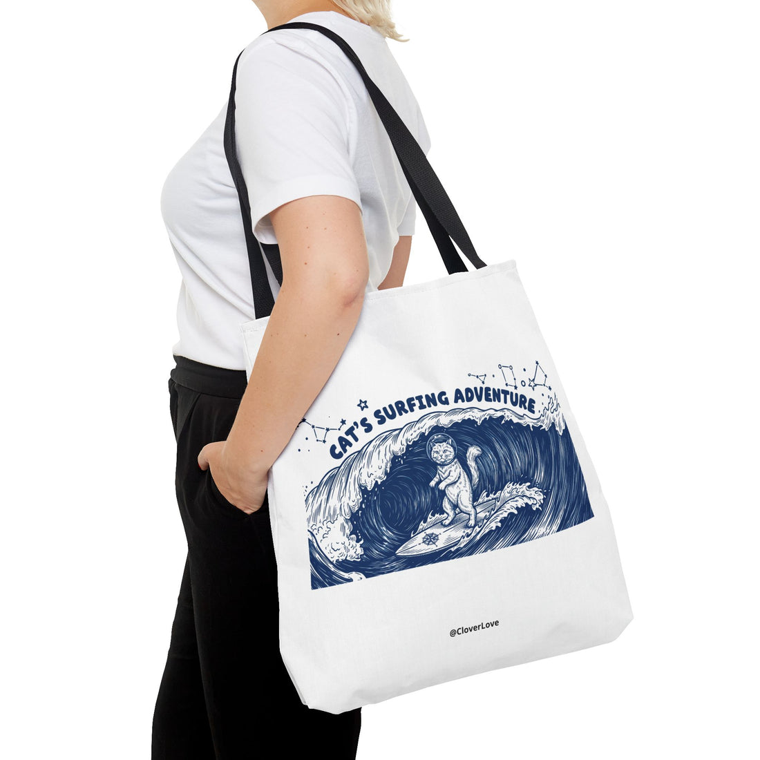Cat's Surfing Adventure Tote Bag | Vintage Ocean Graphic Canvas Bag