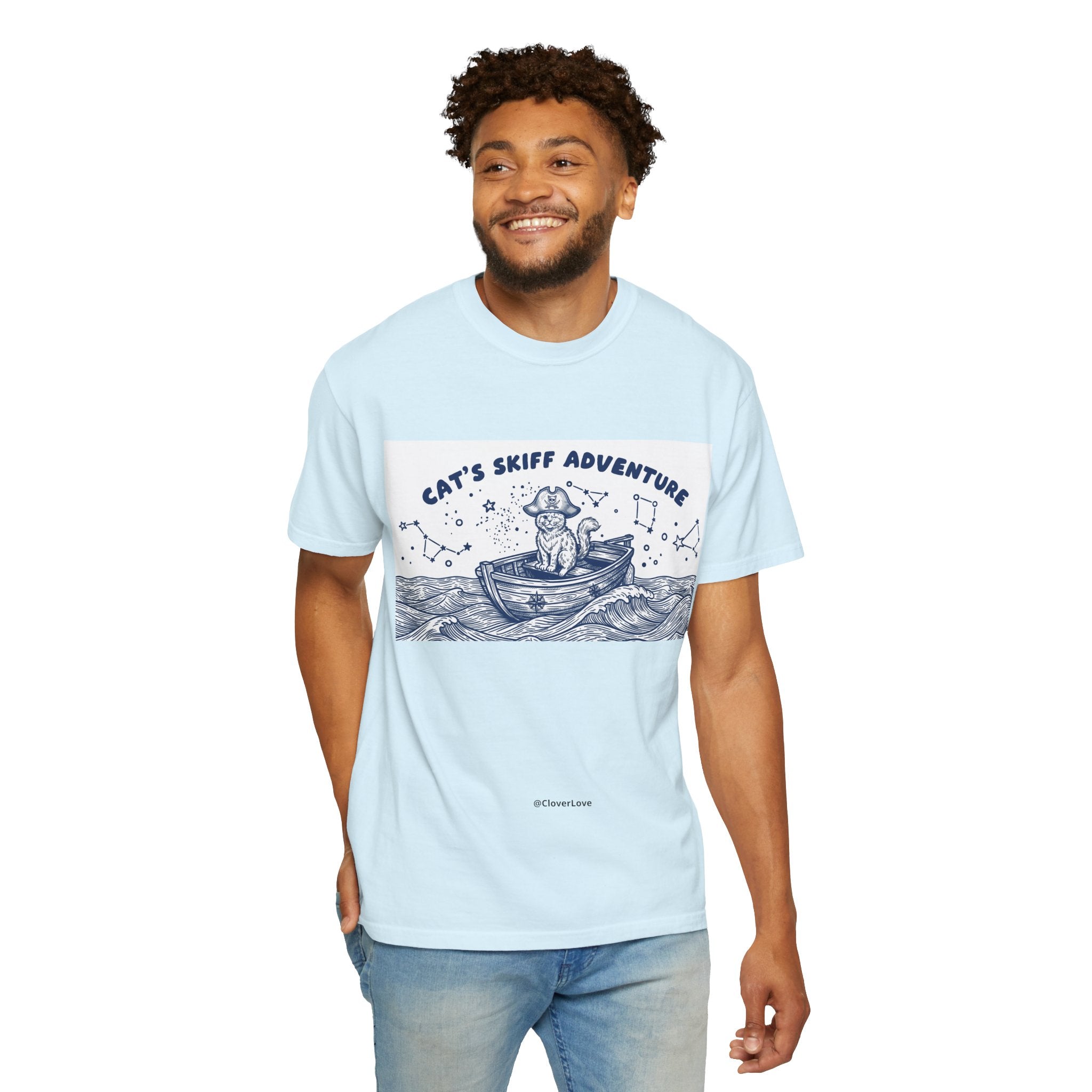 Cat’s Skiff Adventure T-Shirt - Vintage Ocean Boat Graphic Tee for Cat Lovers