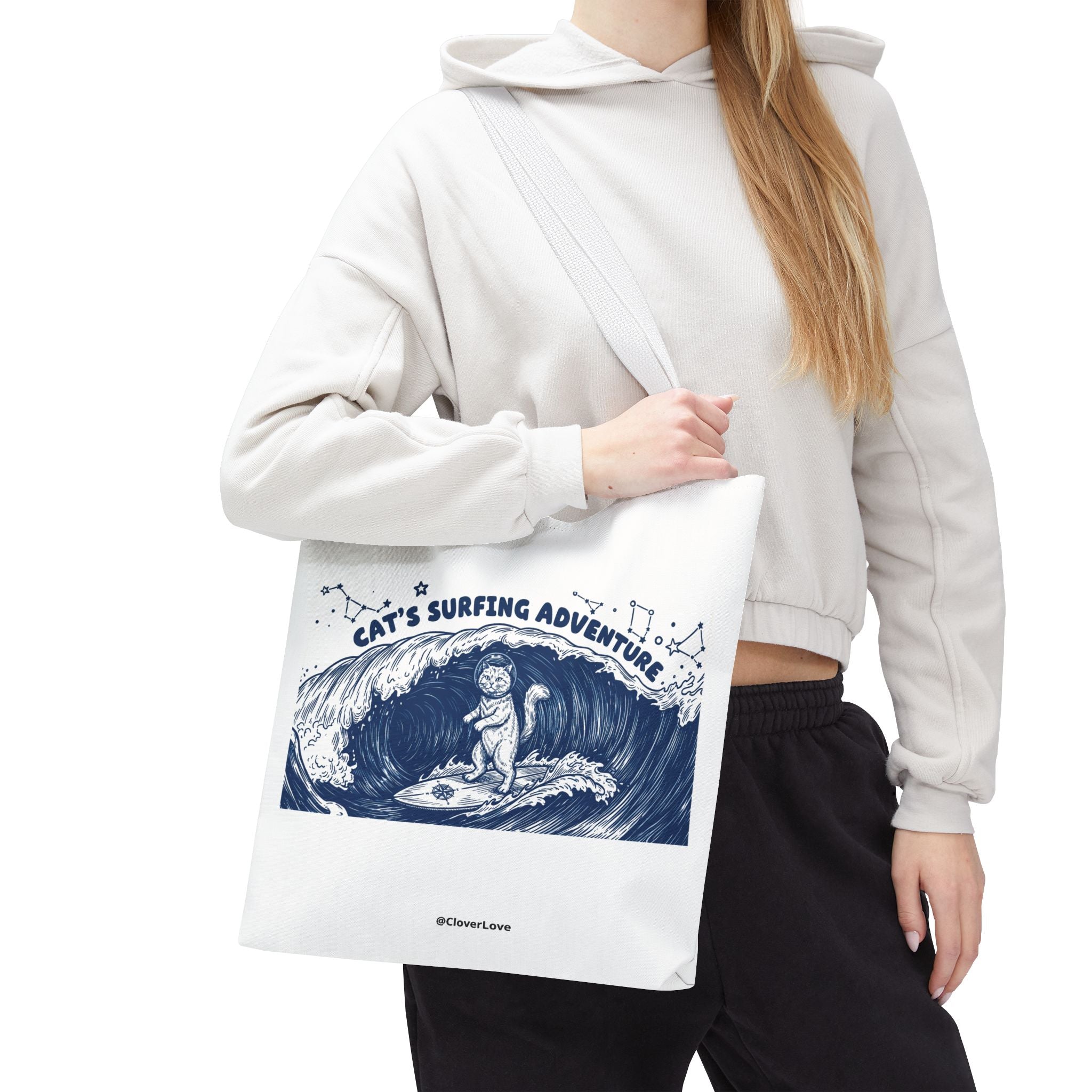Cat's Surfing Adventure Tote Bag | Vintage Ocean Graphic Canvas Bag
