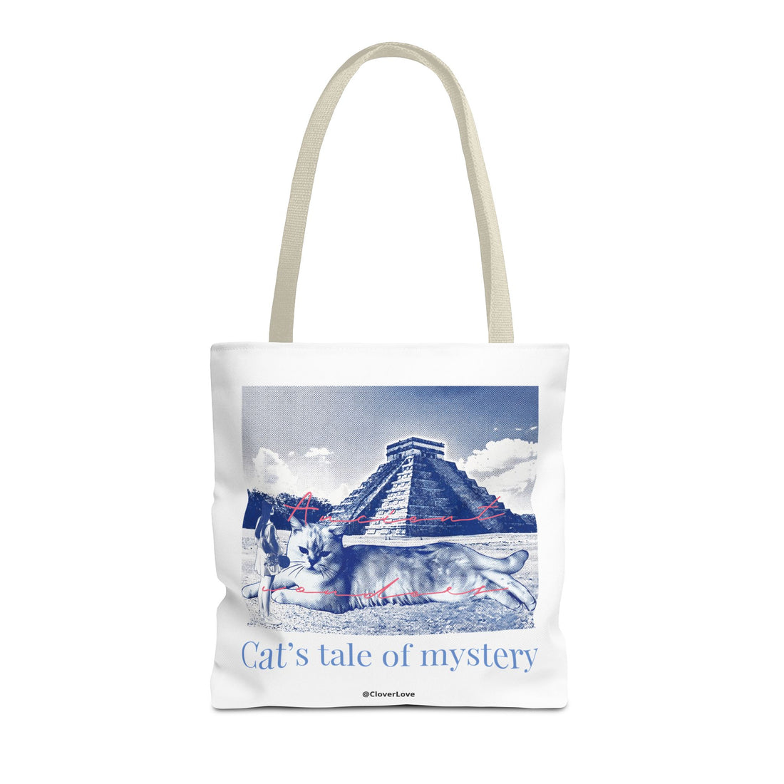 Cat’s Tale of Mystery Travel Tote Bag | Vintage Mexico Pyramid Cat Canvas Tote Bag