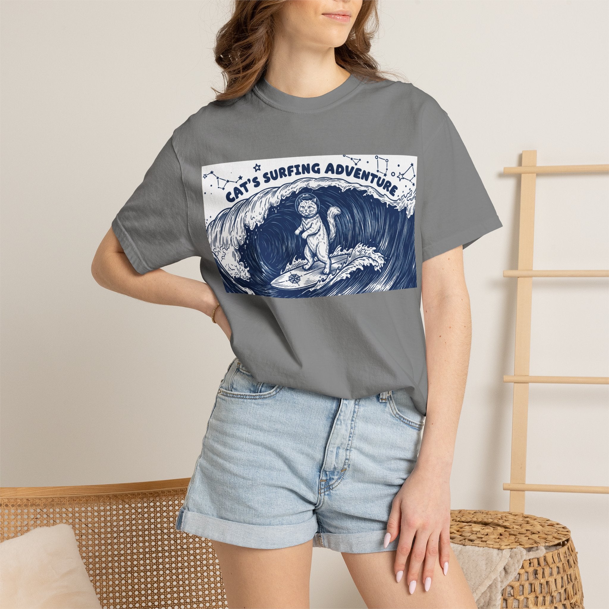 Cat’s Ocean Adventure T-Shirt - Vintage Ocean Wave Graphic Tee for Cat Lovers